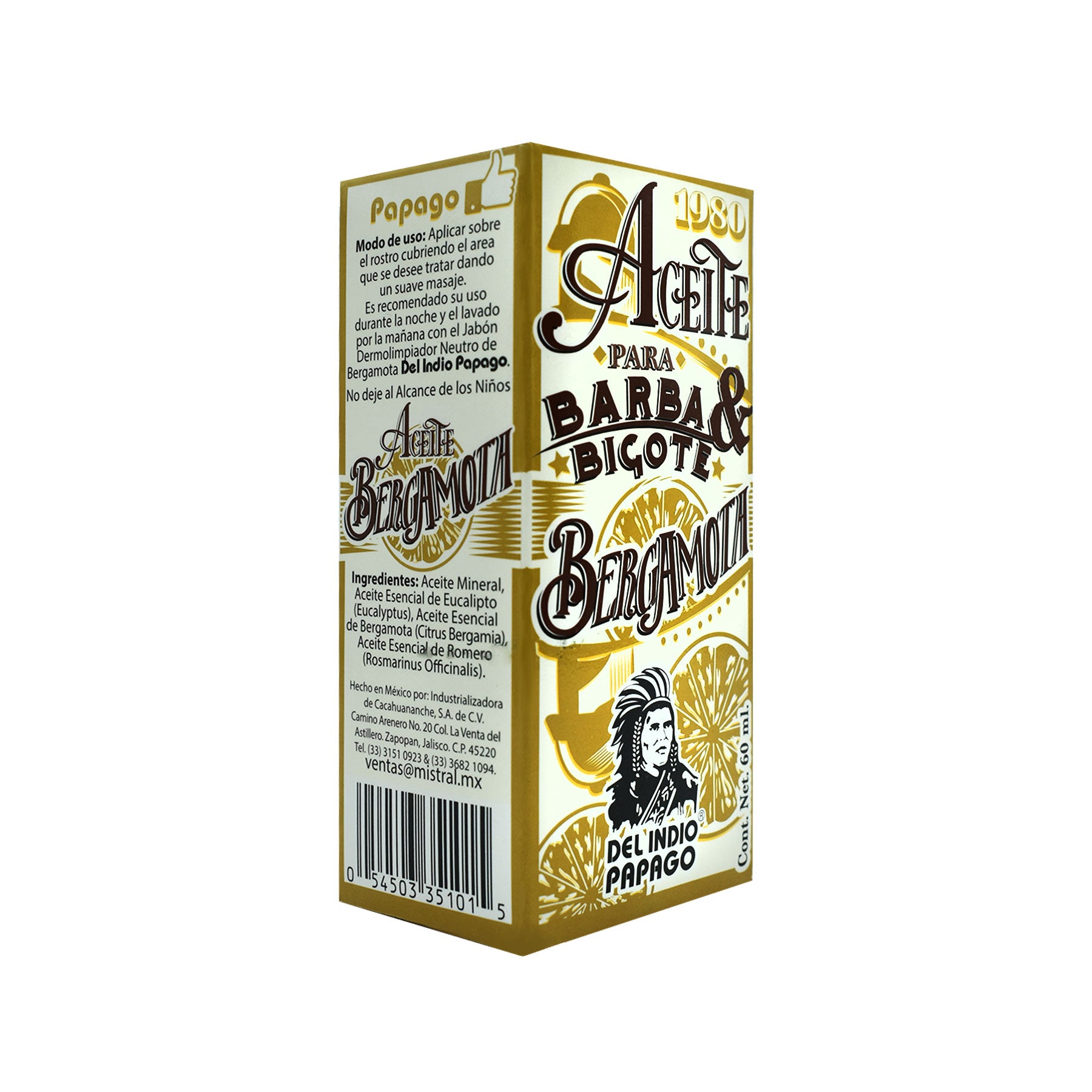Aceite de Bergamota para Barba y Bigote Indio Papago 60 ml.