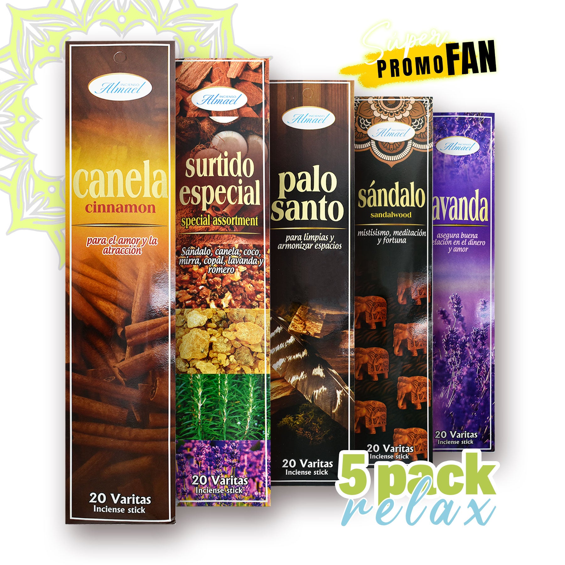 5 Pack Relax Combinado Incienso Almael 20 varitas c/u