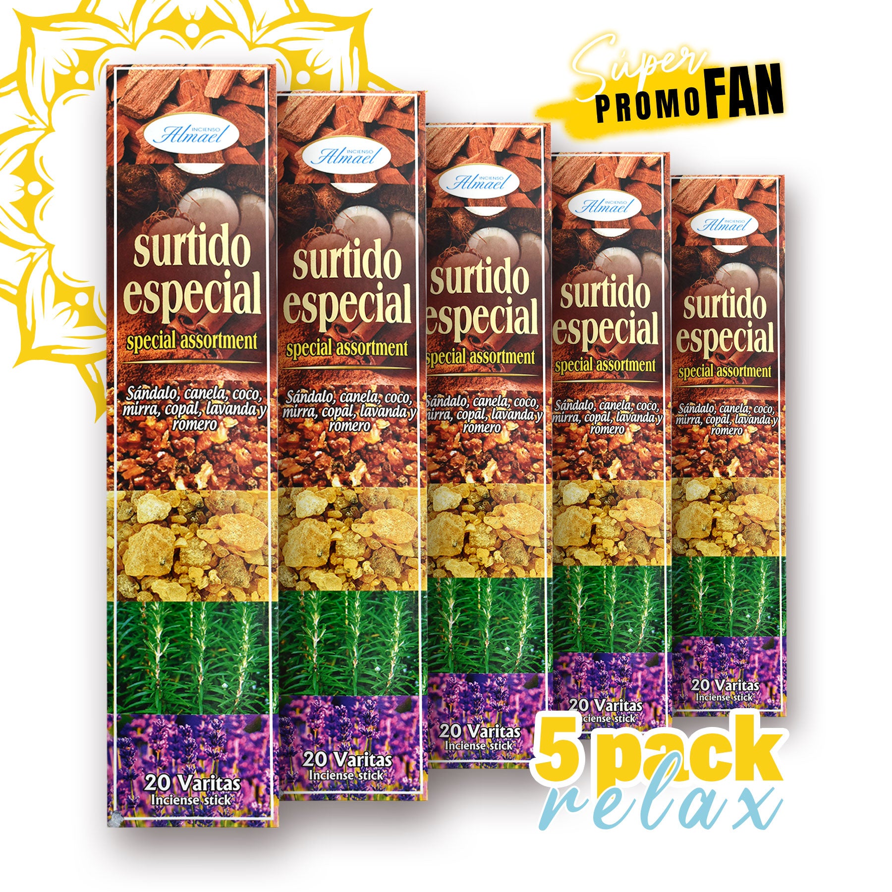 5 Pack Relax Surtido Especial Incienso Almael 20 varitas